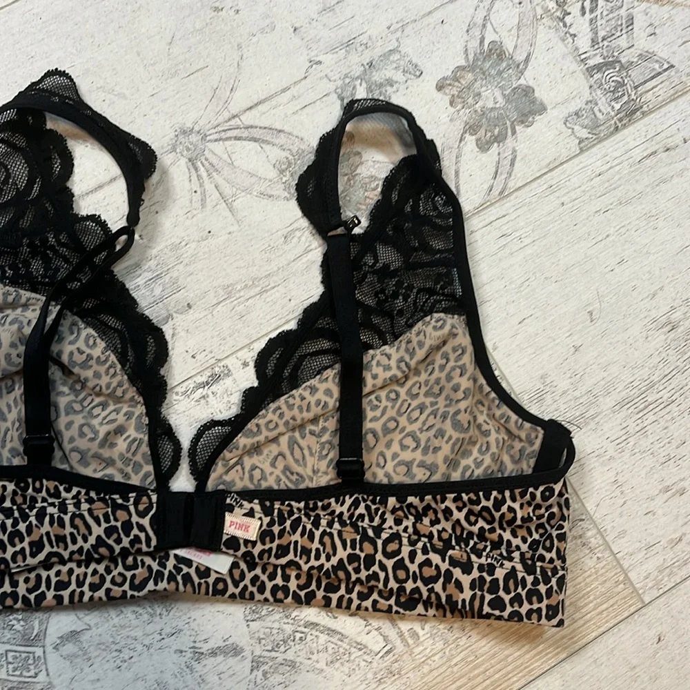 Y2K Victorias Secret Black Lace Plunge Bralette with Leopard Print Size Large